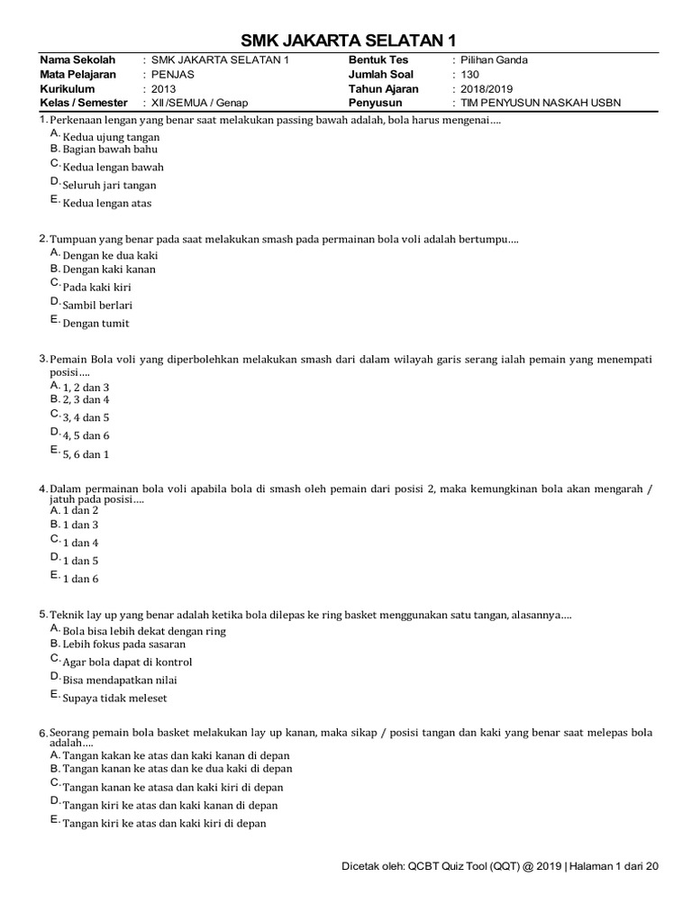 Soal Penjas Kelas XII SMK 2018 2019 PDF Soal Penjas Kelas XII SMK 2018 2019 PDF