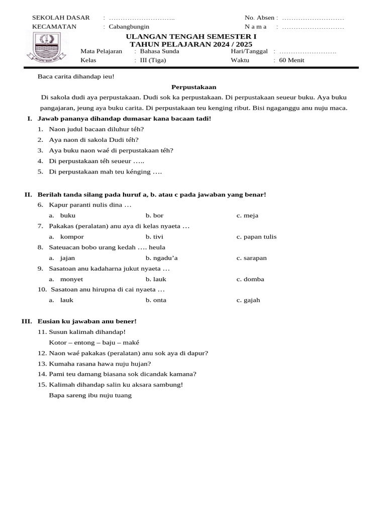 Soal Basa Sunda Kelas 3 SMT 1 2023-24 PDF