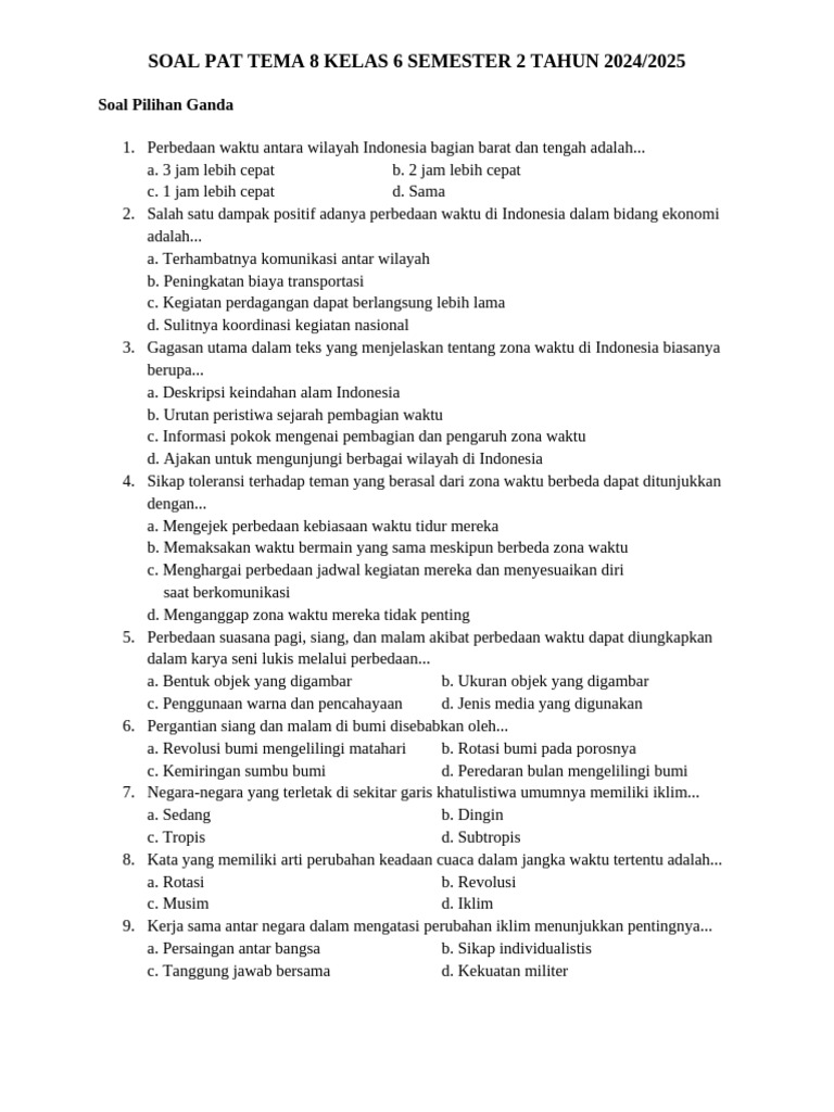 Soal PAT Tema 8 Kelas 6 2024 2025 PDF Soal PAT Tema 8 Kelas 6 2024 2025 PDF