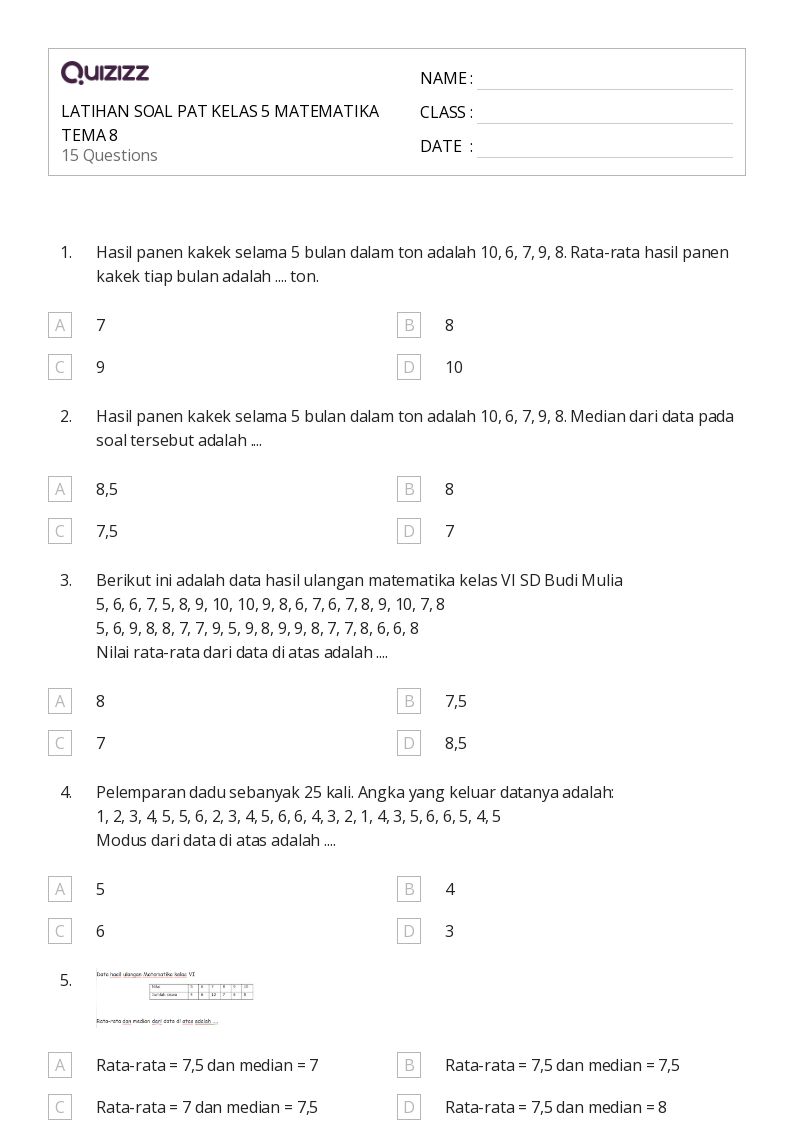 50 lembar kerja Rata-Rata Median dan Modus untuk Kelas 5 di Quizizz 50 lembar kerja Rata-Rata Median dan Modus untuk Kelas 5 di Quizizz