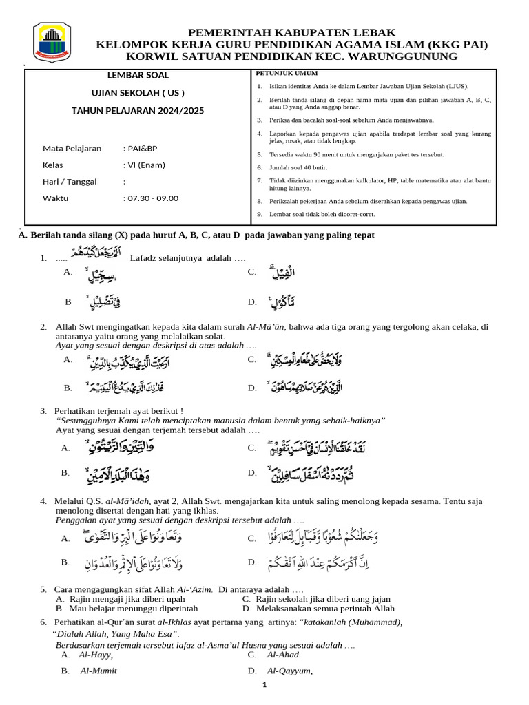 ujian sekolah pai kelas 6