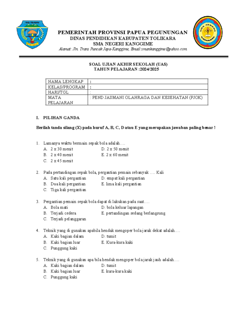 ujian sekolah pjok kelas 12