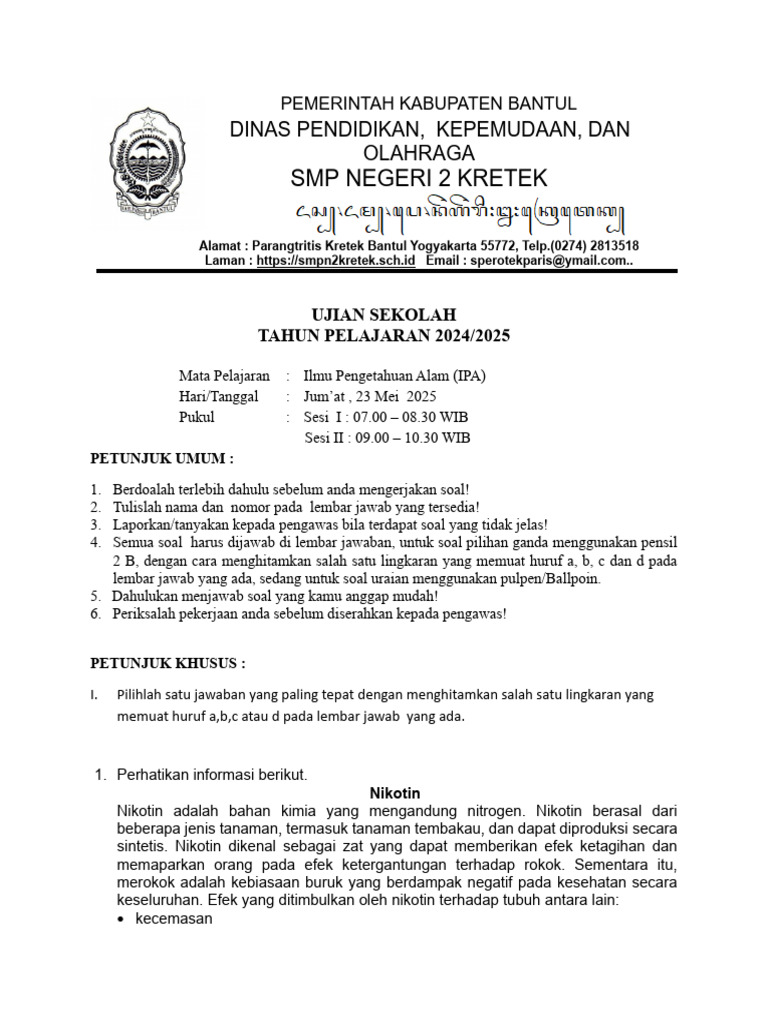 Ujian Sekolah IPA SMP 2024 2025 Bantul PDF Ujian Sekolah IPA SMP 2024 2025 Bantul PDF