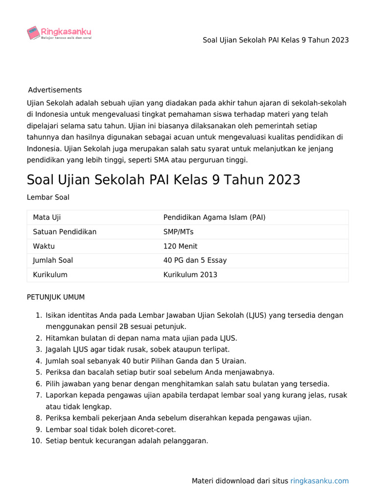 ujian sekolah pai kelas 9