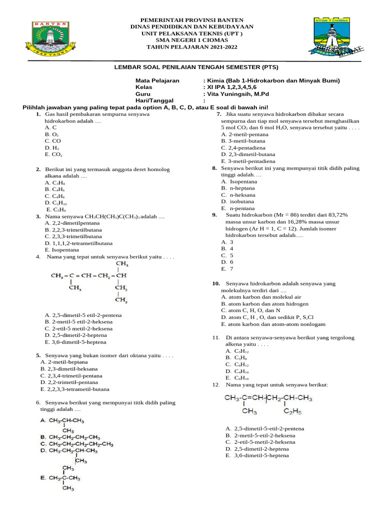 Soal PTS Kimia Kelas XI Hidrokarbon PDF Soal PTS Kimia Kelas XI Hidrokarbon PDF