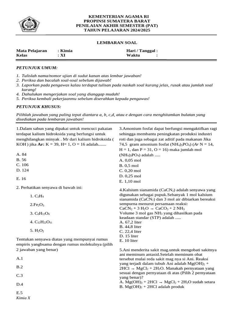 Soal PAT Kimia Kelas XI 2024 2025 PDF