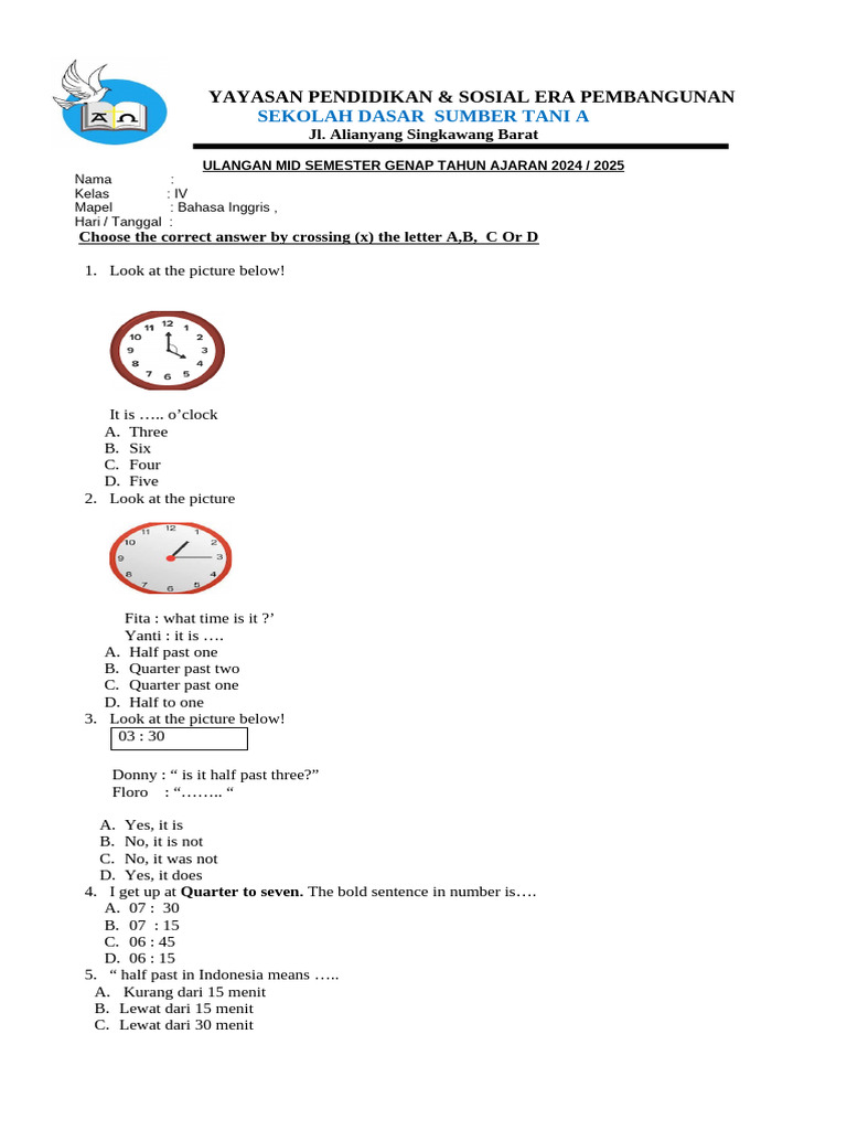 Mid Semester English Exam for Grade IV PDF Mid Semester English Exam for Grade IV PDF