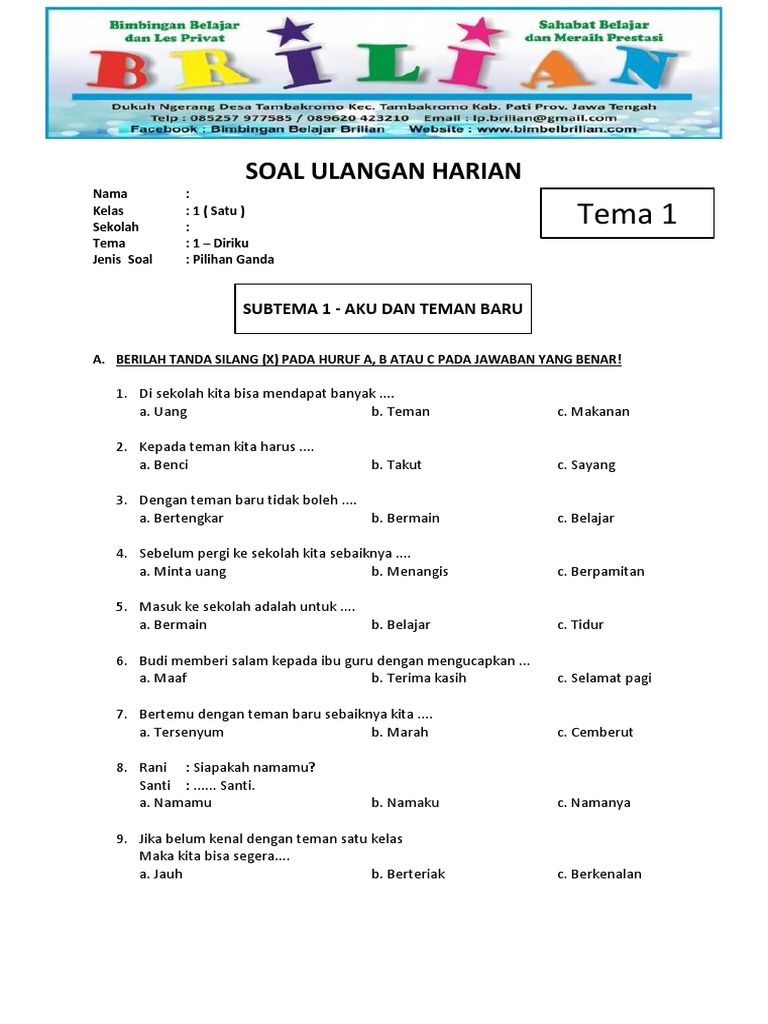 Terbukti! 5 Contoh Soal Ujian Kelas 1 SD Tema 1 yang Bikin Anak Cepat Paham