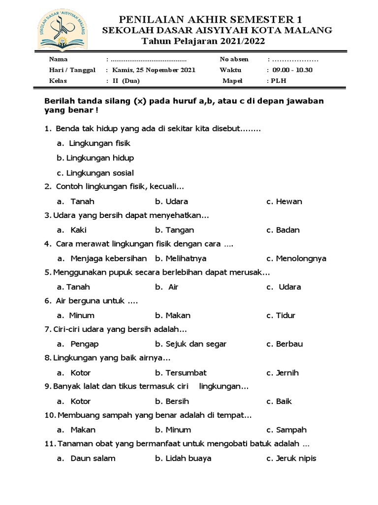 Terbukti Contoh Soal UAS PLH Kelas 2 SD Semester 1 yang Membantu Anak Sukses Sebelum Ujian