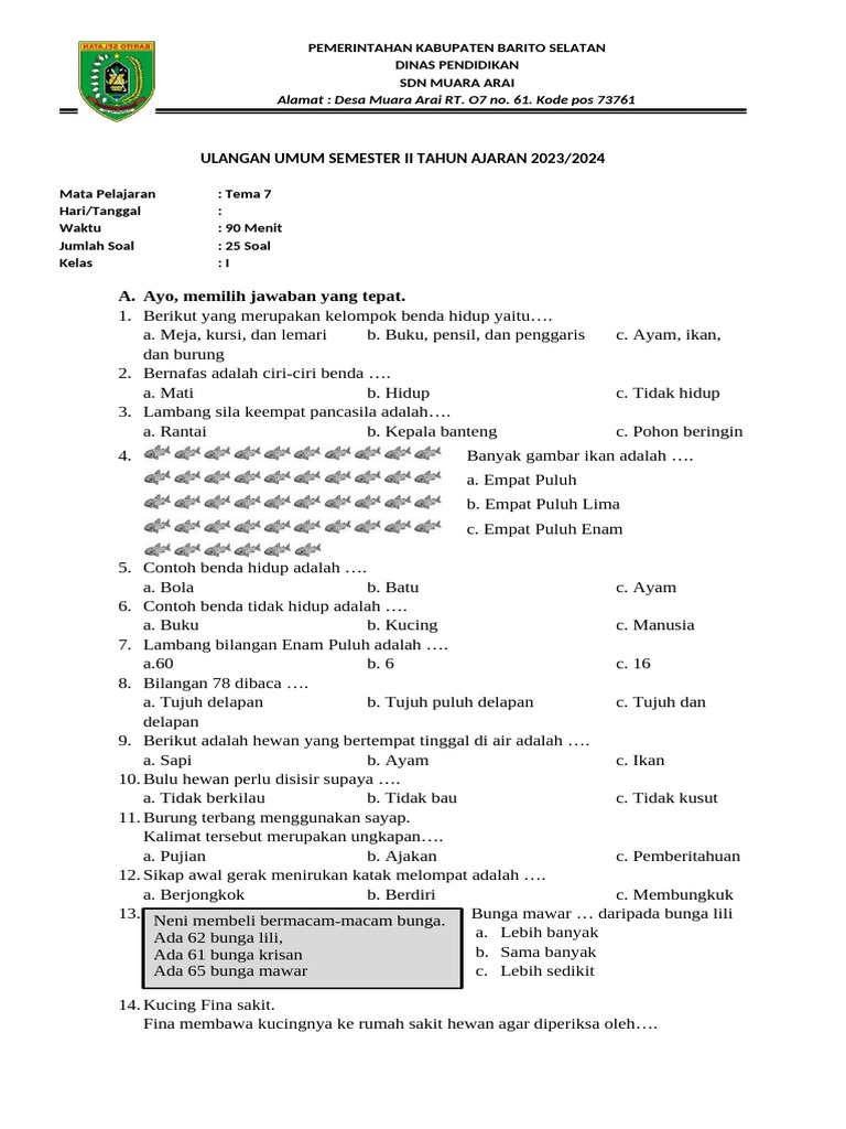 Ternyata Ini Dia Kumpulan Contoh Soal Ujian Kelas 1 SD Tema 7 2019 yang Wajib Dipelajari Sebelum Terlambat