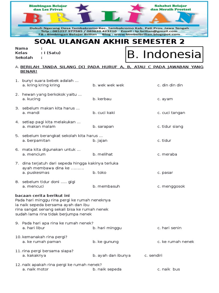 Wajib Tahu 15 Contoh Soal Ujian Kelas 1 SD Semester 2 Kurikulum 2013 yang Sering Muncul
