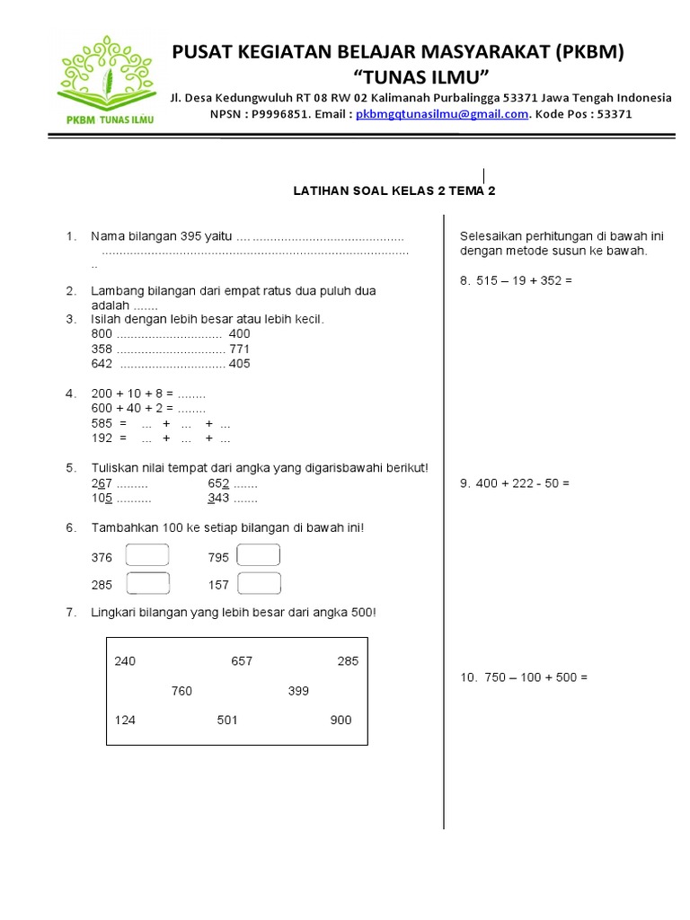 contoh soal mtk kelas 2 sd tema 2