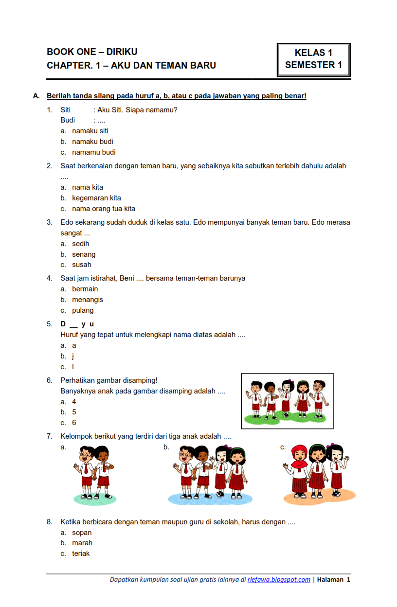 contoh soal ujian kelas satu semester 1 k13
